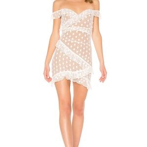 Majorelle Bandit Revolve Nude and White Polka Dot Ruffle Mini Dress